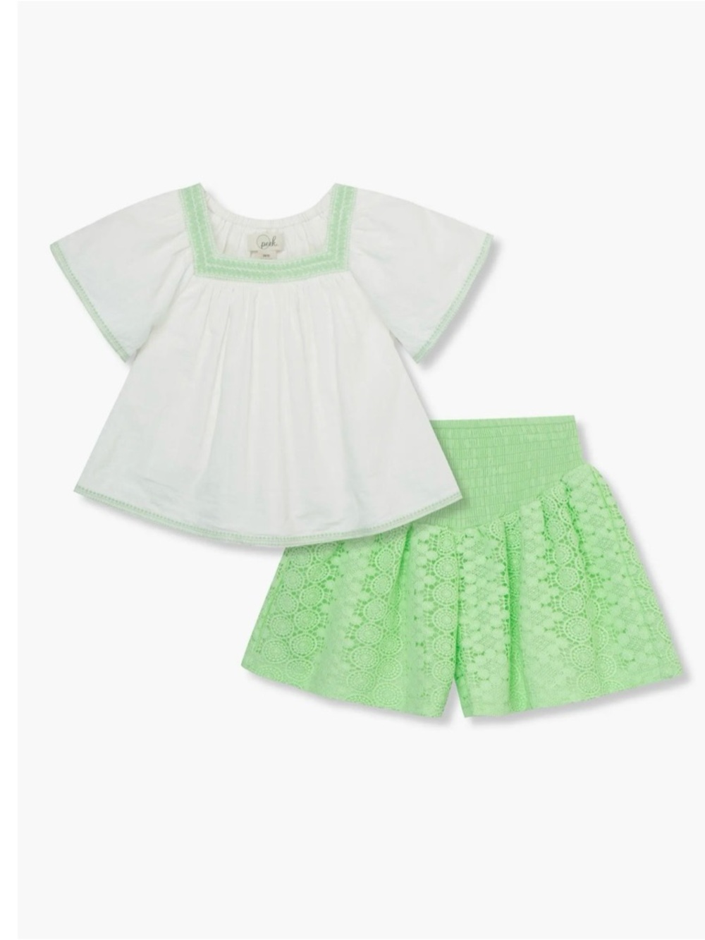 Peek Girls 2 Piece Outfit Set Size 6/7 White Boho Top & Light Green Lace Shorts